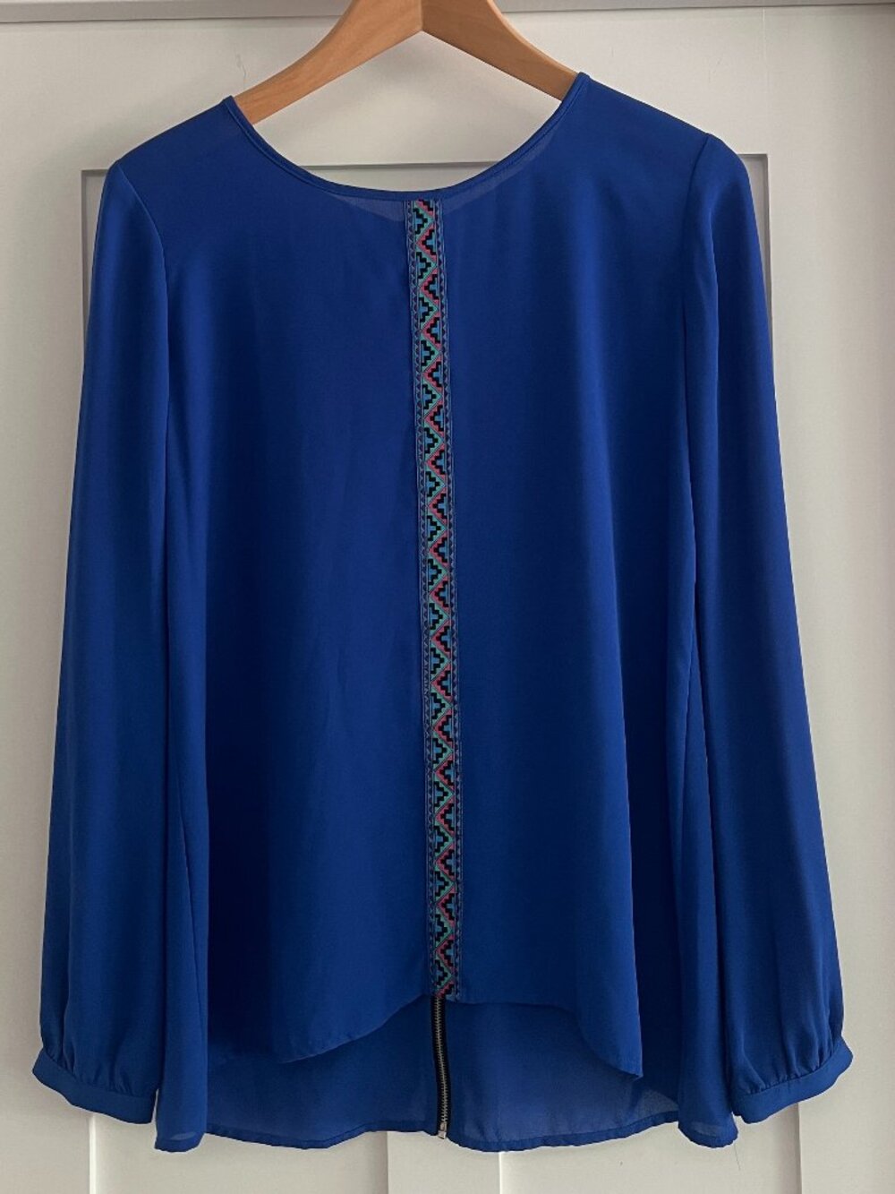 Copper Key Blue Long Sleeve Full Back Zip Blouse with Aztec Pattern Size S